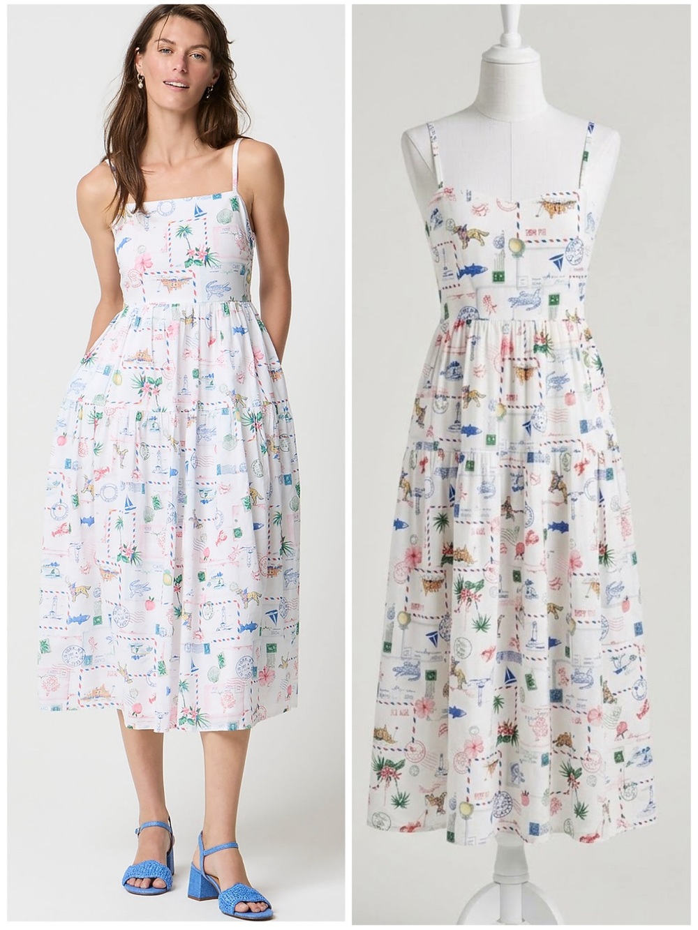 J.Crew Strappy Midi Sundress White Postcard Retro Print Cotton w/Pockets Size 6